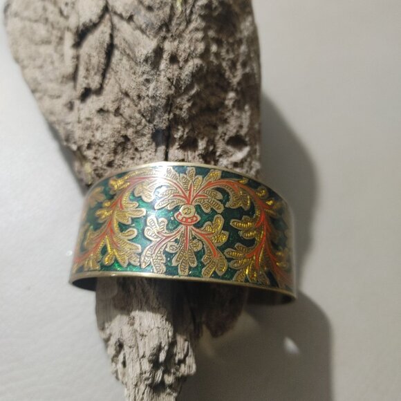 Vintage Brass Cloisonné Bangle Bracelet Ornate Green Orange Enamel Design - Picture 5 of 7